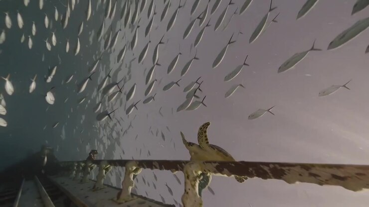 Sea Turtle Swimming Near a Sunken Shipwreck with Tropical Fish