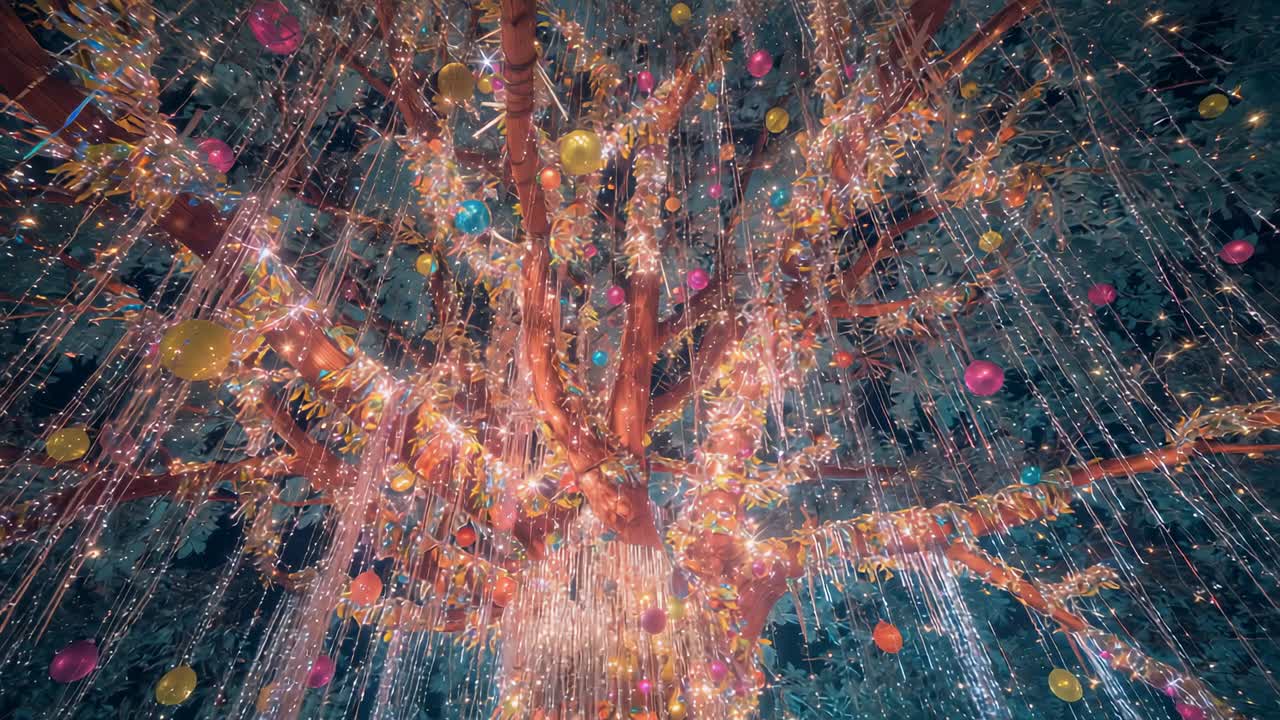 Camera holding steady, capturing twinkling icicle lights and colorful ornaments on tree at night