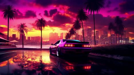 car at sunset against the backdrop of the city retro wave in the style of the 80s