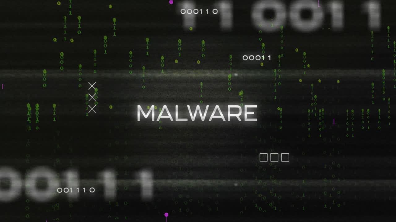 animación de la técnica de glitch sobre texto de malware con patrón de placa de circuito sobre códigos binarios que caen.
