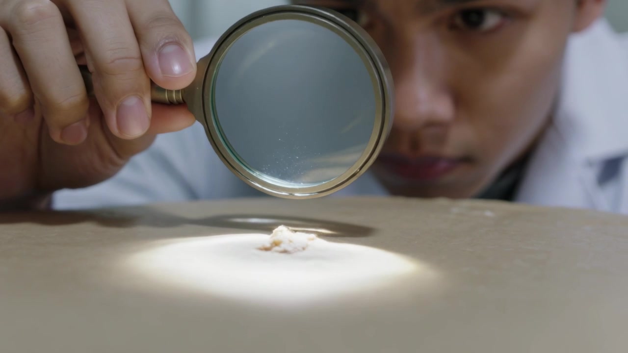 Reacting to light, Asian man in white coat leaning at lab table, holding lens inspecting fragment