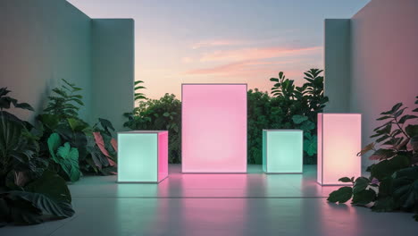 vibrant glowing light boxes amidst lush greenery