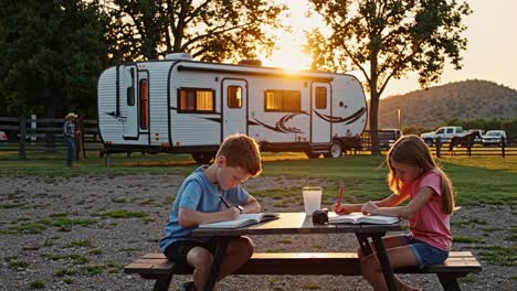 kids studying outdoors at a campground