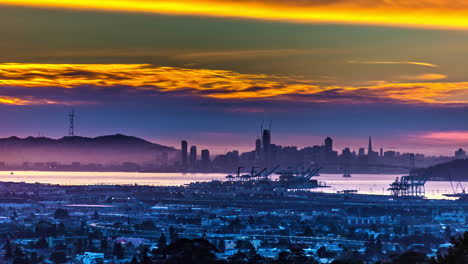 cloudscape timelapse over san francisco cityscape and port area, at twilight