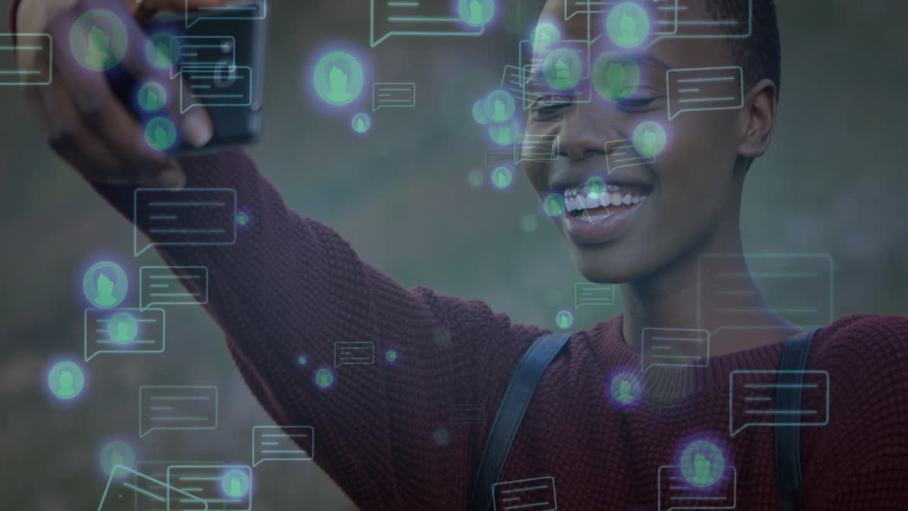 Taking selfie, person smiling with digital communication icons overlay in animation