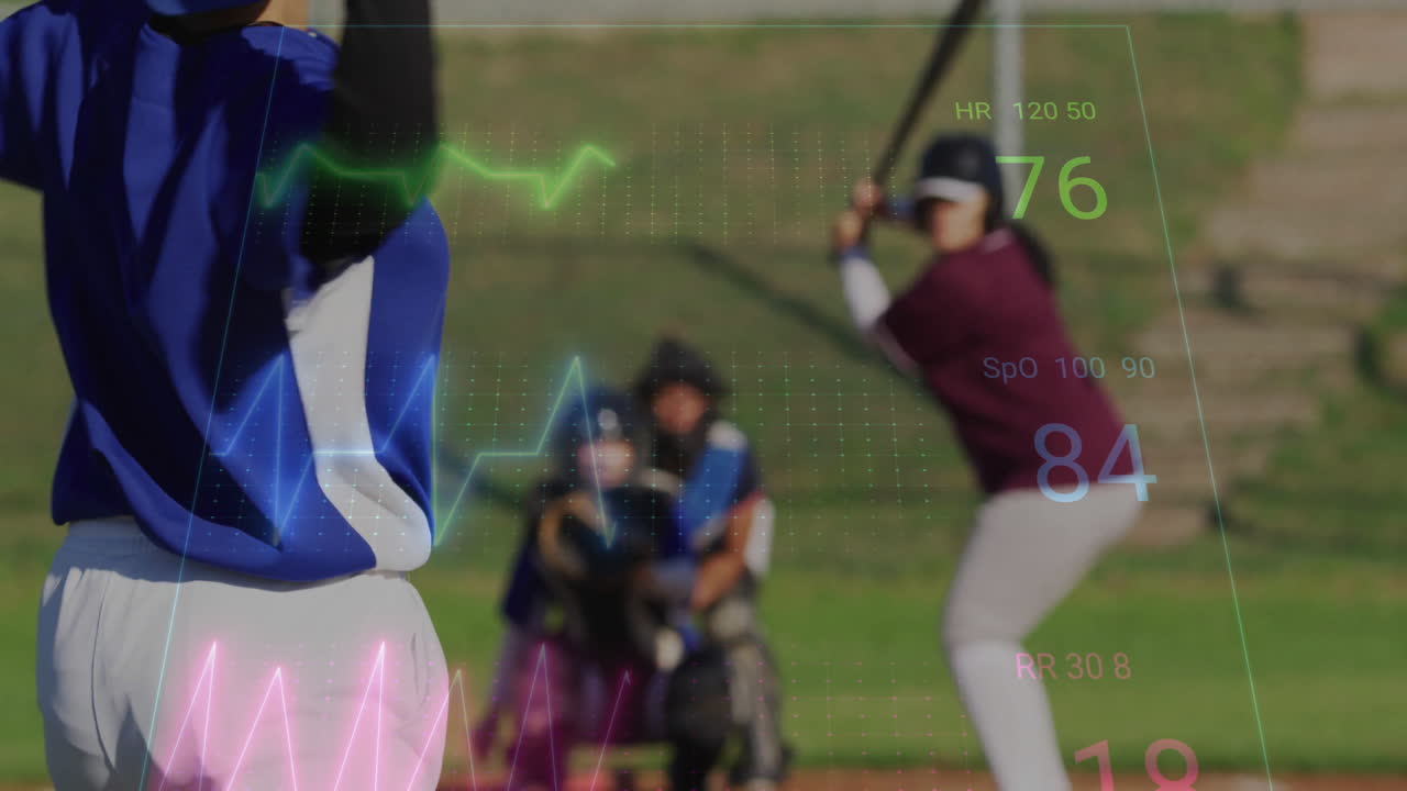 In school, animation showing baseball players in action with colorful data graphics