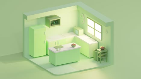 3d loop of cartoon low poly green kitchen with window. isometric view