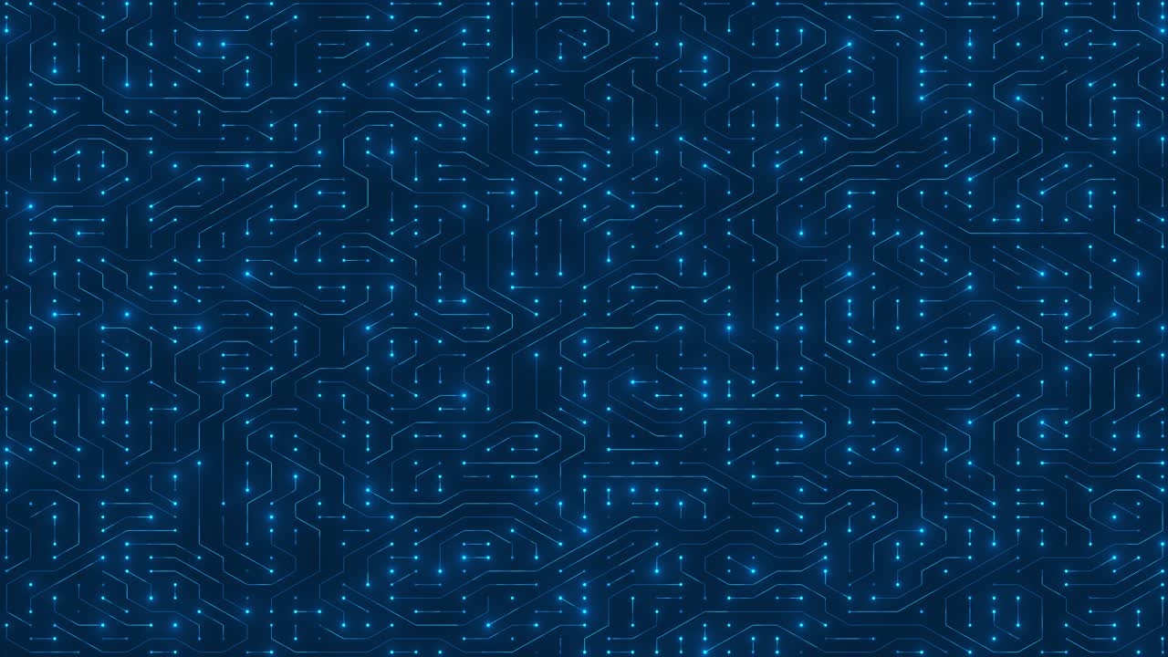 Circuit Board with moving electrons. Abstract electronic blue circuit board background. Artificial intelligence
