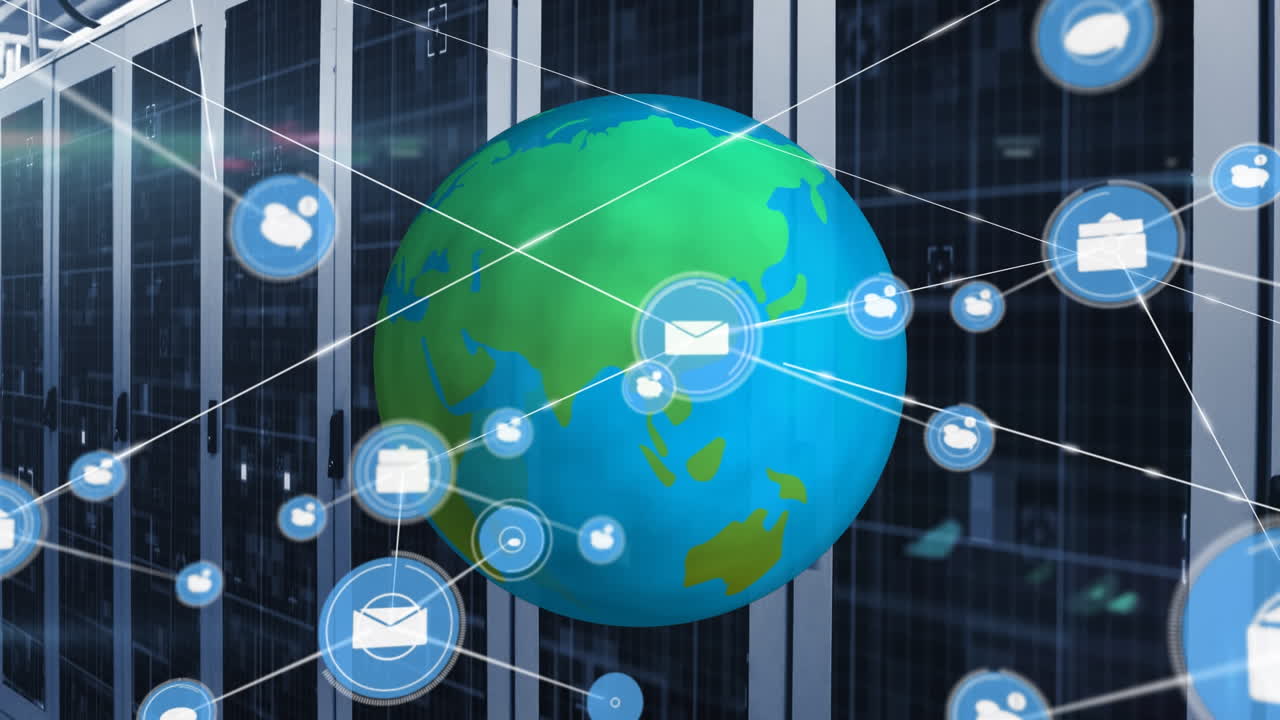 Animation af netværk af forbindelser med ikoner og globus over et serverrum
