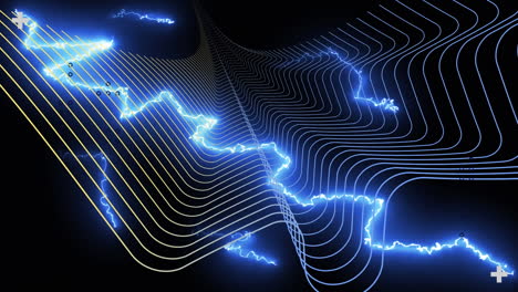 animation of interface processing data, with glowing electric current over parallel curves, on black