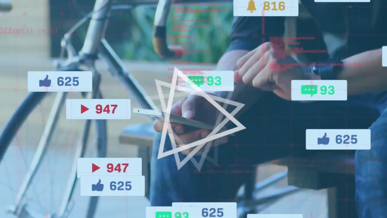 스 ⁇  스캔 및 소셜 미디어 연설 거품의 애니메이션 스마트 폰을 가진 사람 위에