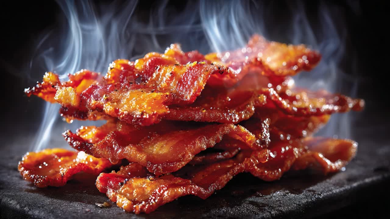 Crispy, Smoky Bacon Stacks: Indulgent Close-Up Shots Capturing the Sizzling Deliciousness and Irresistible Appeal of Perfectly Cooked Bacon in a Gourmet Setting
