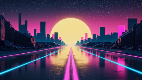 synthwave cityscape with neon road and retro sunset
