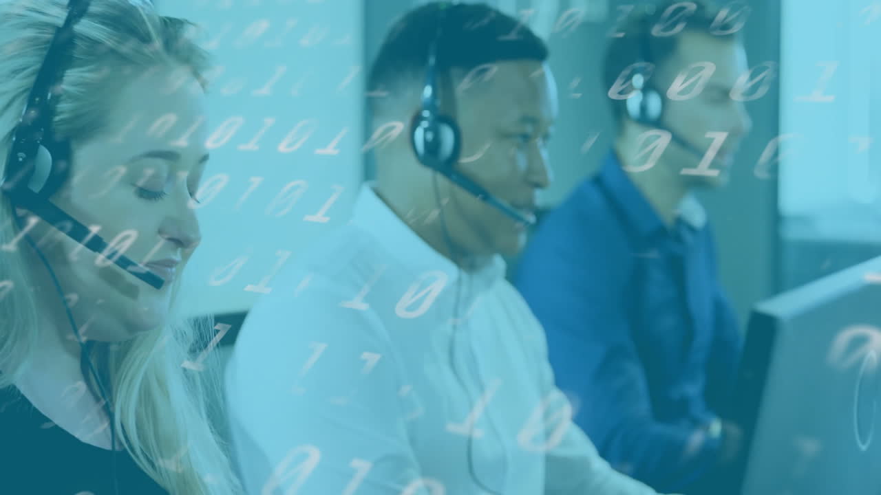 Animation of binary coding data processing over diverse business people with phone headsets