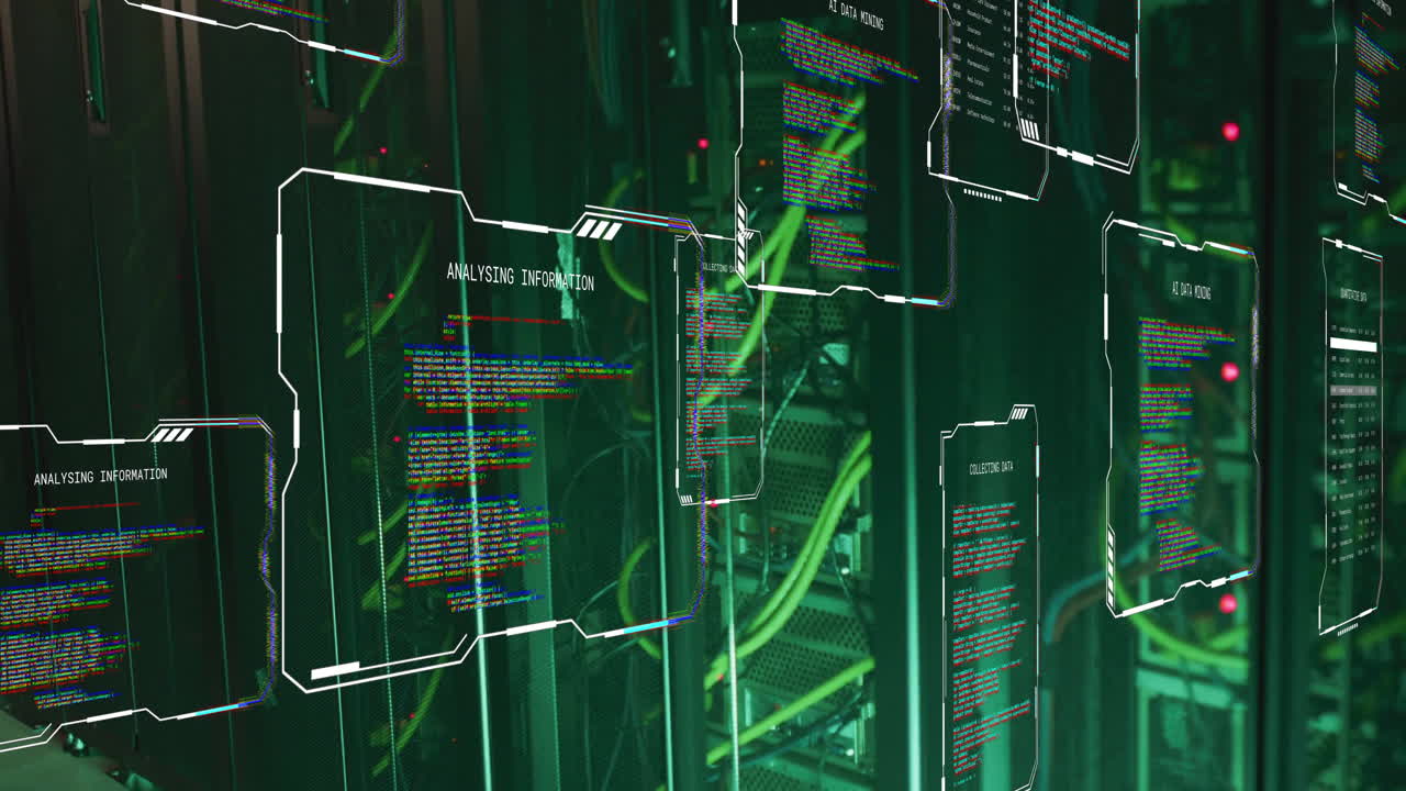 Data processing animation over server racks with green cables and lights