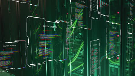 animación de procesamiento de datos sobre bastidores de servidores con cables y luces verdes