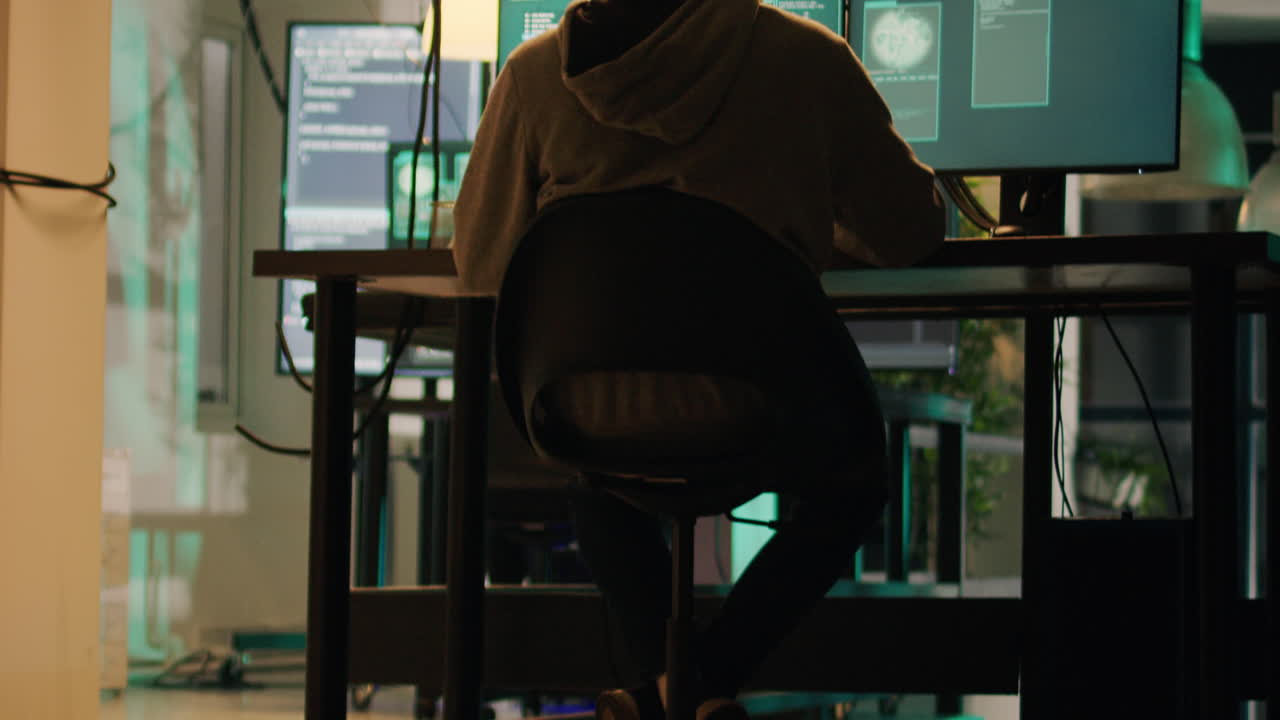 Hackers at work in a dark room