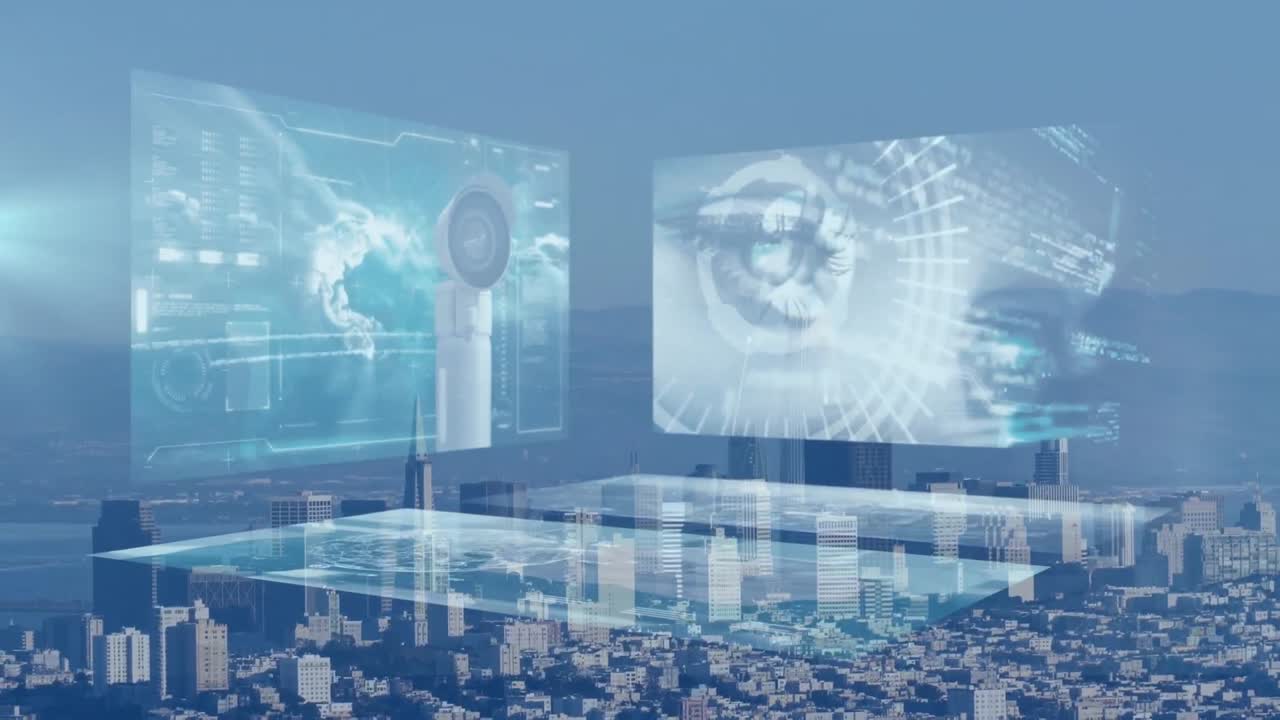 화면과 파란색 배경에 도시 풍경에 대한 통계 및 금융 데이터 처리의 애니메이션