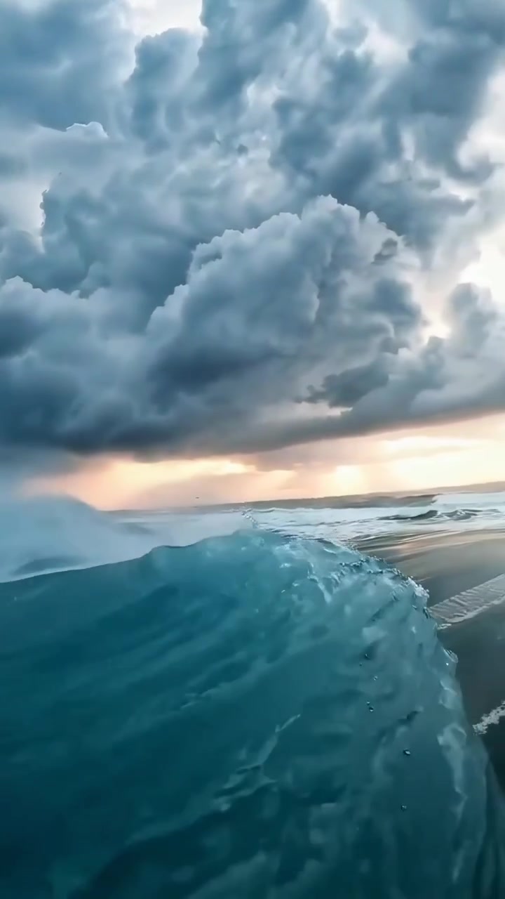 Slow Motion Ocean Wave with Lightning and Stormy Sunset
