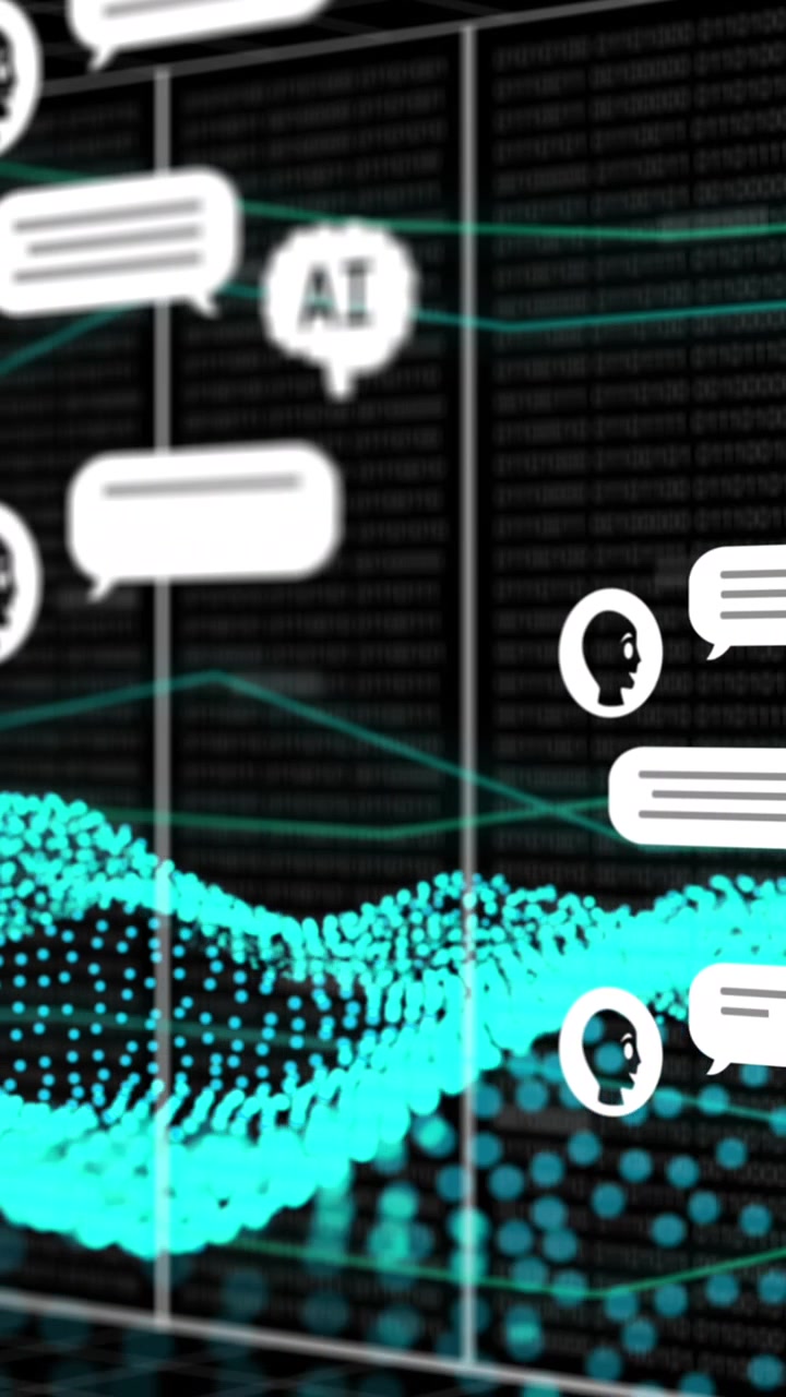 Animation of artificial intelligence icons and data processing over green mesh
