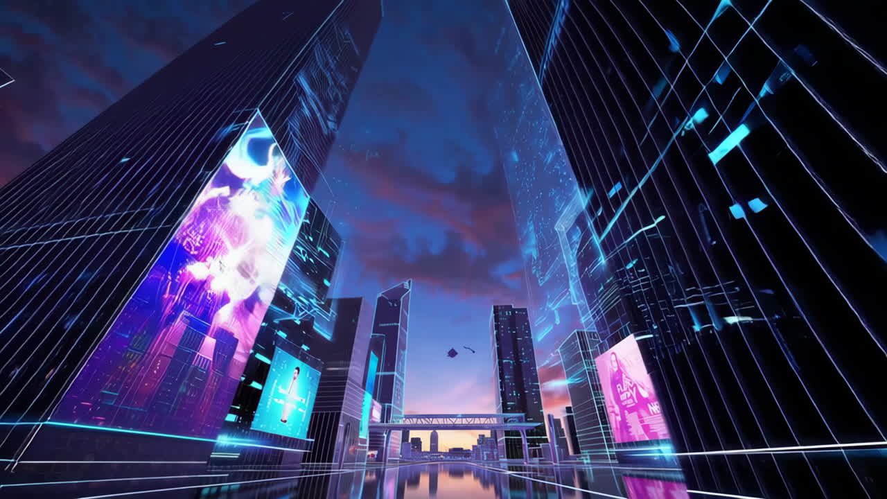 Futuristic Neon Cityscape with Digital Displays