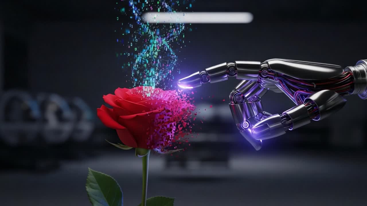 A Robotic Hand Gently Interacts with a Blooming Rose, Creating a Magical Display of Colors and Sparks in a Futuristic Setting