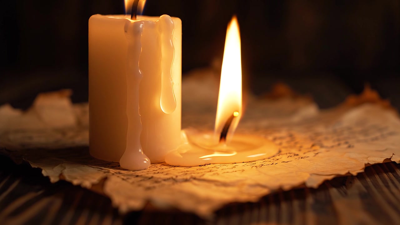 Candela sciolta su vecchio manoscritto con fiamma calda e luminosa