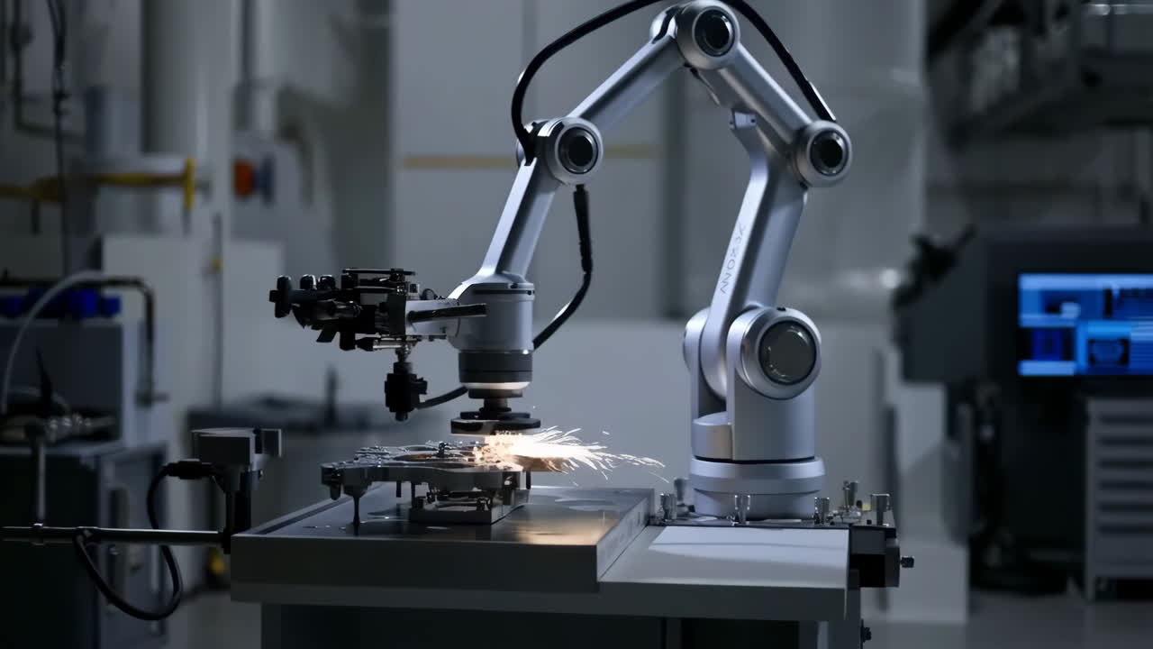 Industrial Robotic Arm Performing Precision Work in a Manufacturing Facility
