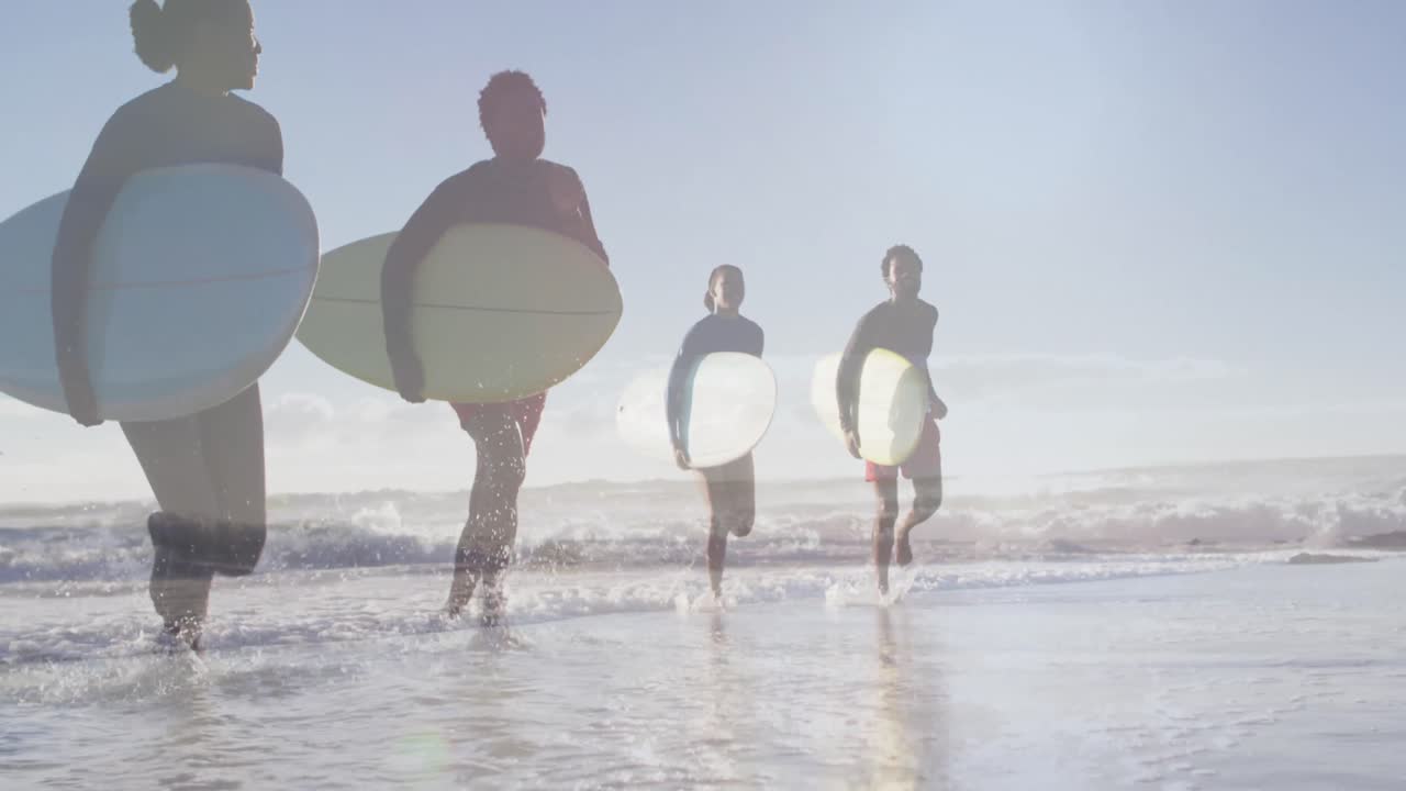 아프리카계 미국인 부부의 애니메이션 아프리카계 미국인 부부가 해변에서 서핑 보드를 가지고 있습니다.