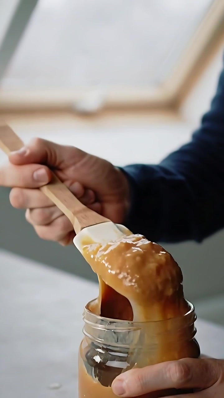 Vertical video: Steadying jar person testing by lifting caramel with spatula on counter dark sleeve