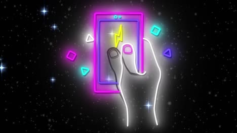 Animation-of-neon-hand-holding-smartphone-over-snow-and-stars-on-black-background