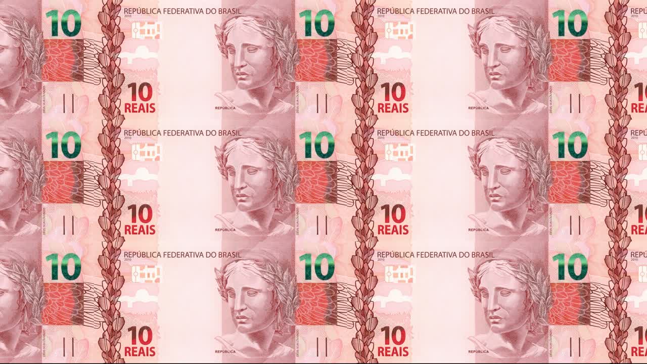 10 브라질 레알의 지폐가 스크린에 굴러, 현금, 루프