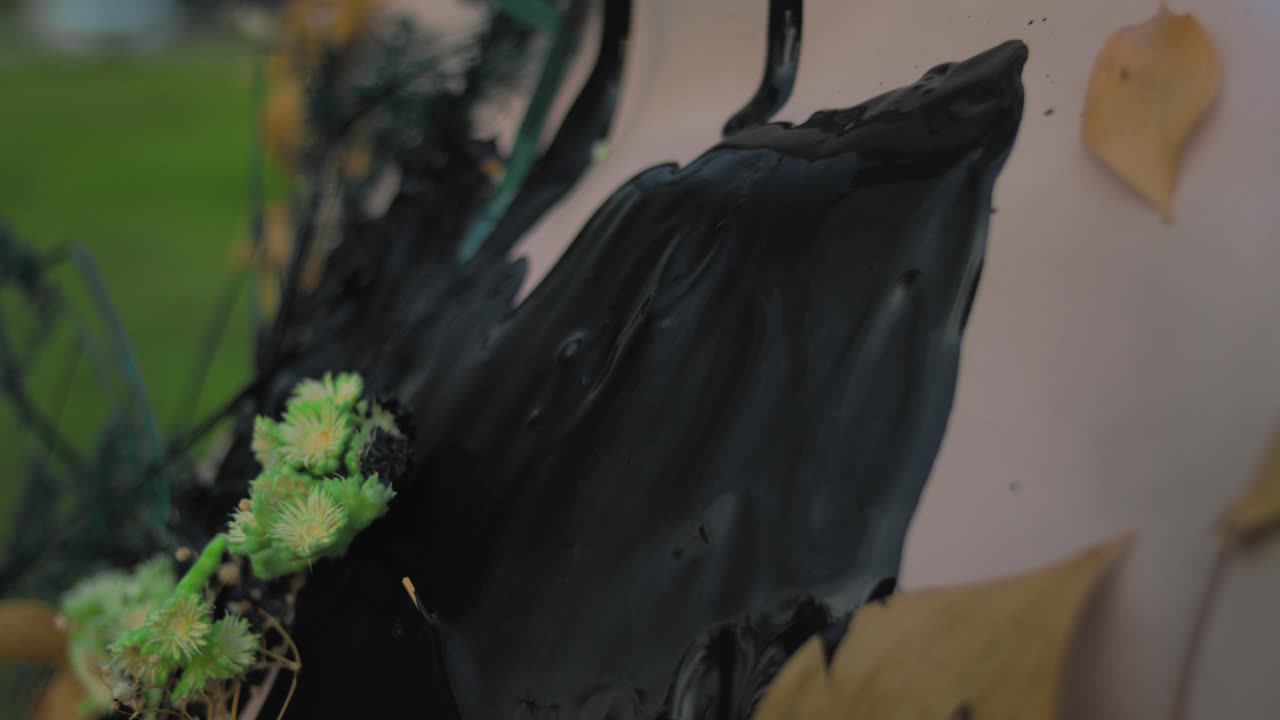 Abstract Black Paint Splatters on a Surface with Plants