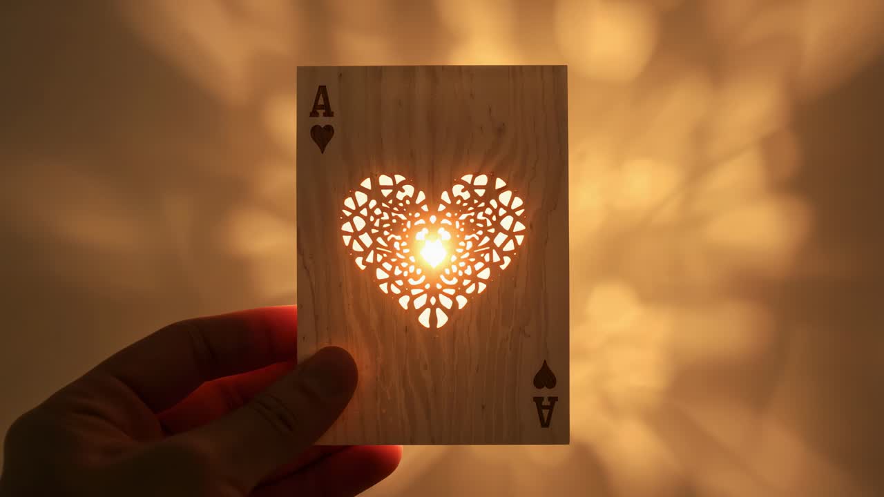 Bringing hand holding laser-cut ace of hearts card to lamp in dim room, projecting filigree pattern