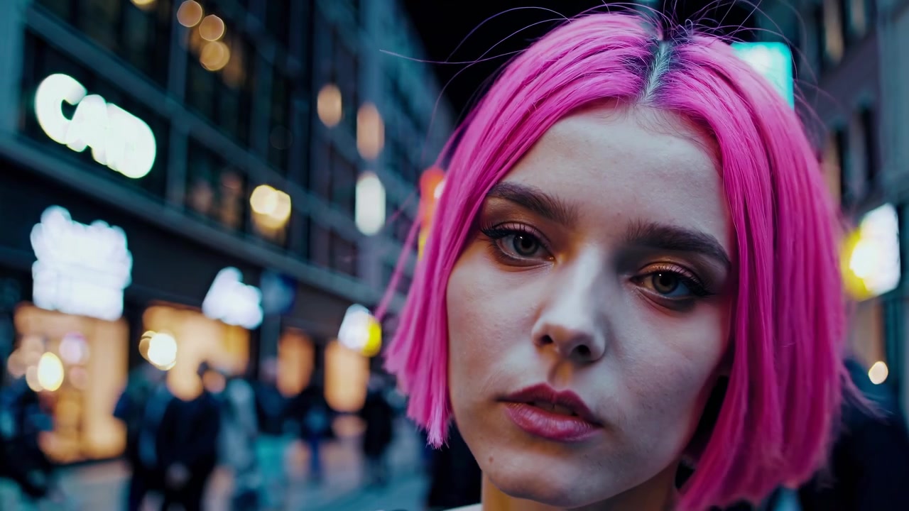 Close-up of Young Woman with Pink Hair on Urban Street at Night
