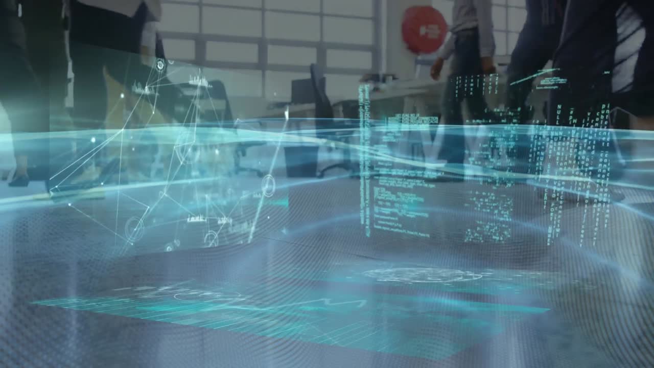 Animation of financial data processing over business people walking