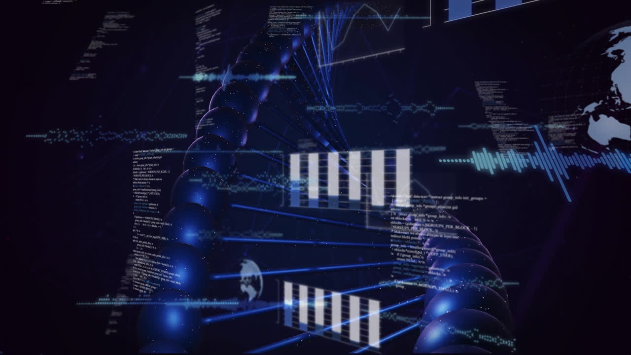 검은 바탕에 있는 dna 가닥 회전과 데이터 처리의 애니메이션