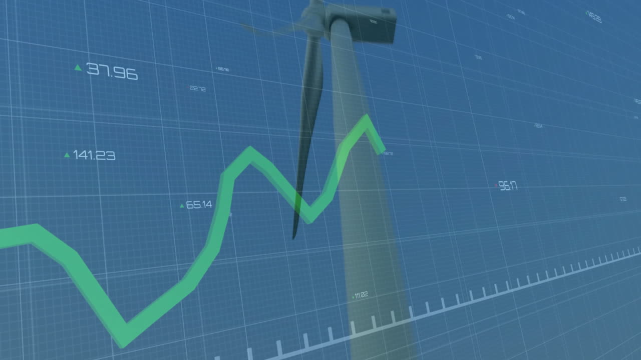 wind turbine silhouette being visualized behind blue grid overlay, showing green line graph trends