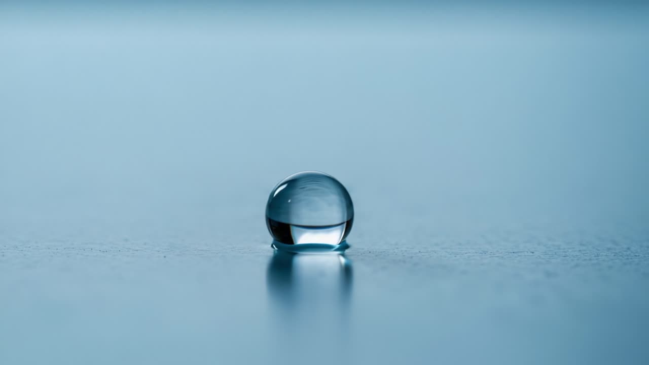 A Close-Up View of a Water Droplet Reflecting Light on a Smooth Surface, Capturing the Serenity and Beauty of Nature in Minimalist Elegance