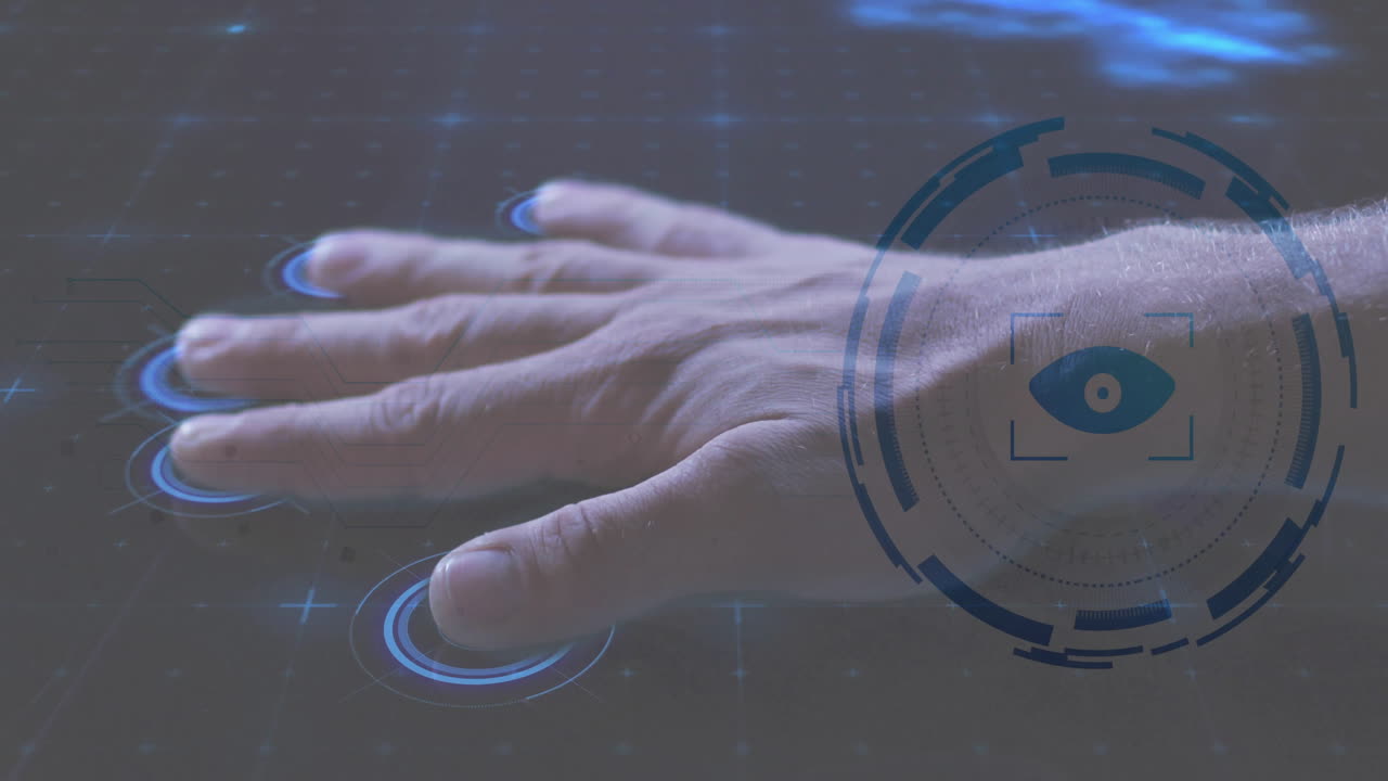 Man placing hand on technology touchscreen, revealing floating HUD circles and biometric eye icon