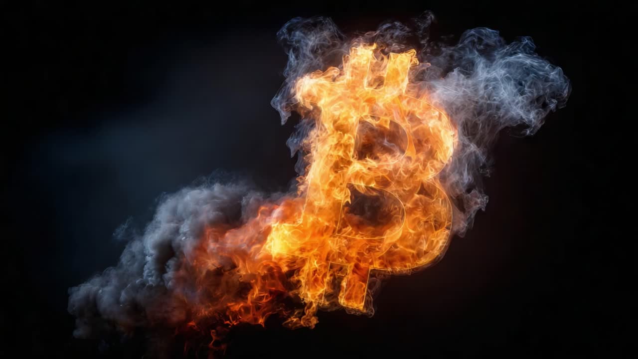 A Fiery Representation of Cryptocurrency: An Artistic Depiction of a Bitcoin Symbol Encased in Flames and Smoke, Highlighting the Dynamic Energy of Digital Currency