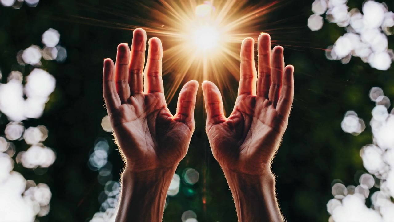 Persona che protende le mani verso la luce solare intensa nella natura