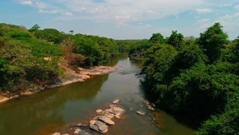 toma aérea de drones volando sobre un pequeño río rocoso rodeado de bosque