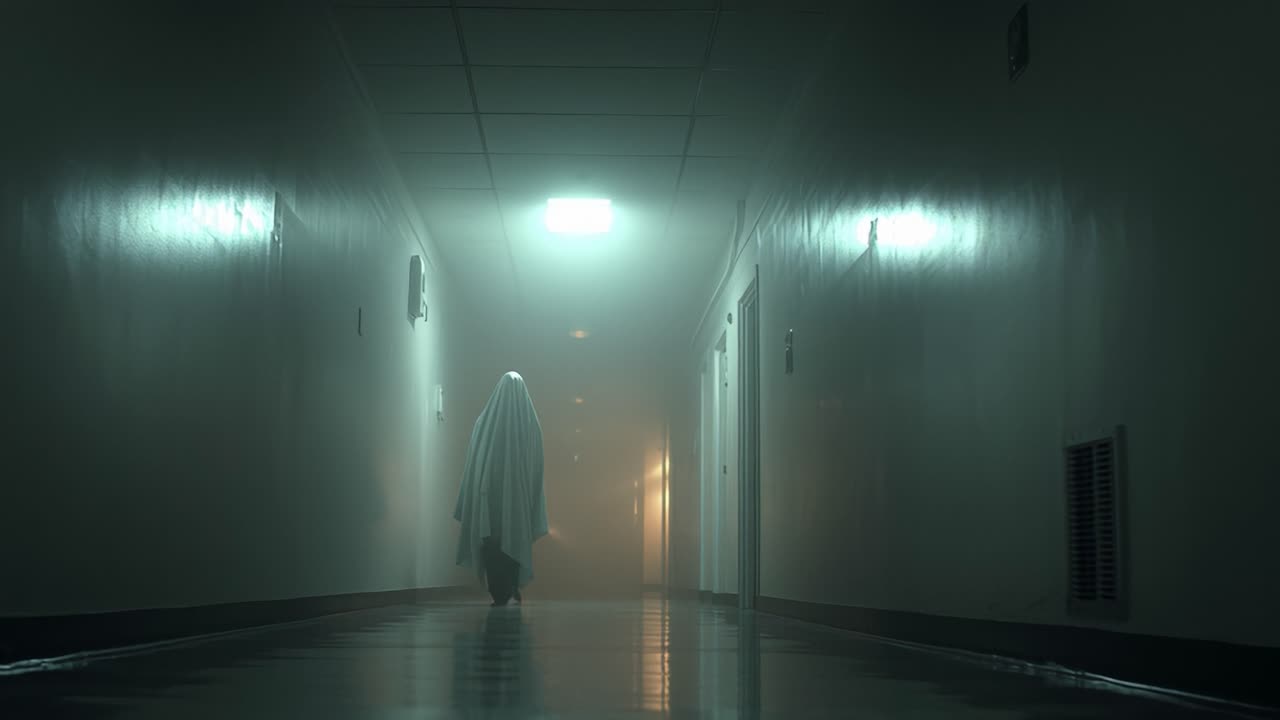 Eerie Encounter in the Dimly Lit Hallway: A Mysterious Figure Shrouded in White Moves Silently Through a Fog-Covered Space, Evoking Intrigue and Unease in the Shadows