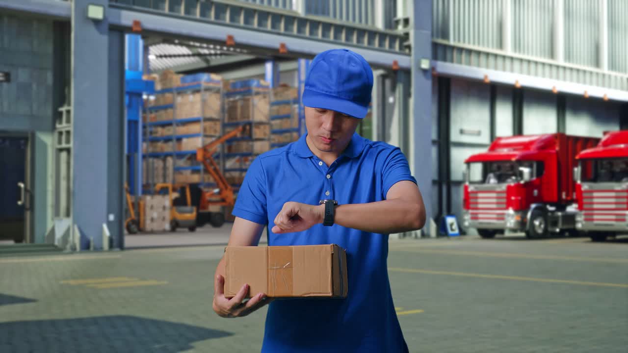 Close Up Of Asian male Courier In Blue Uniform checking time on his watch While Holding A Carton, Outside of Logistics Distributions Warehouse