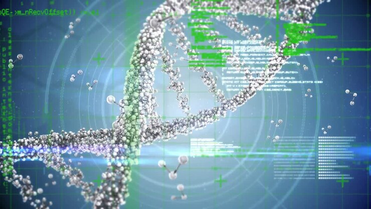 Animation of data processing over 3d dna strand spinning