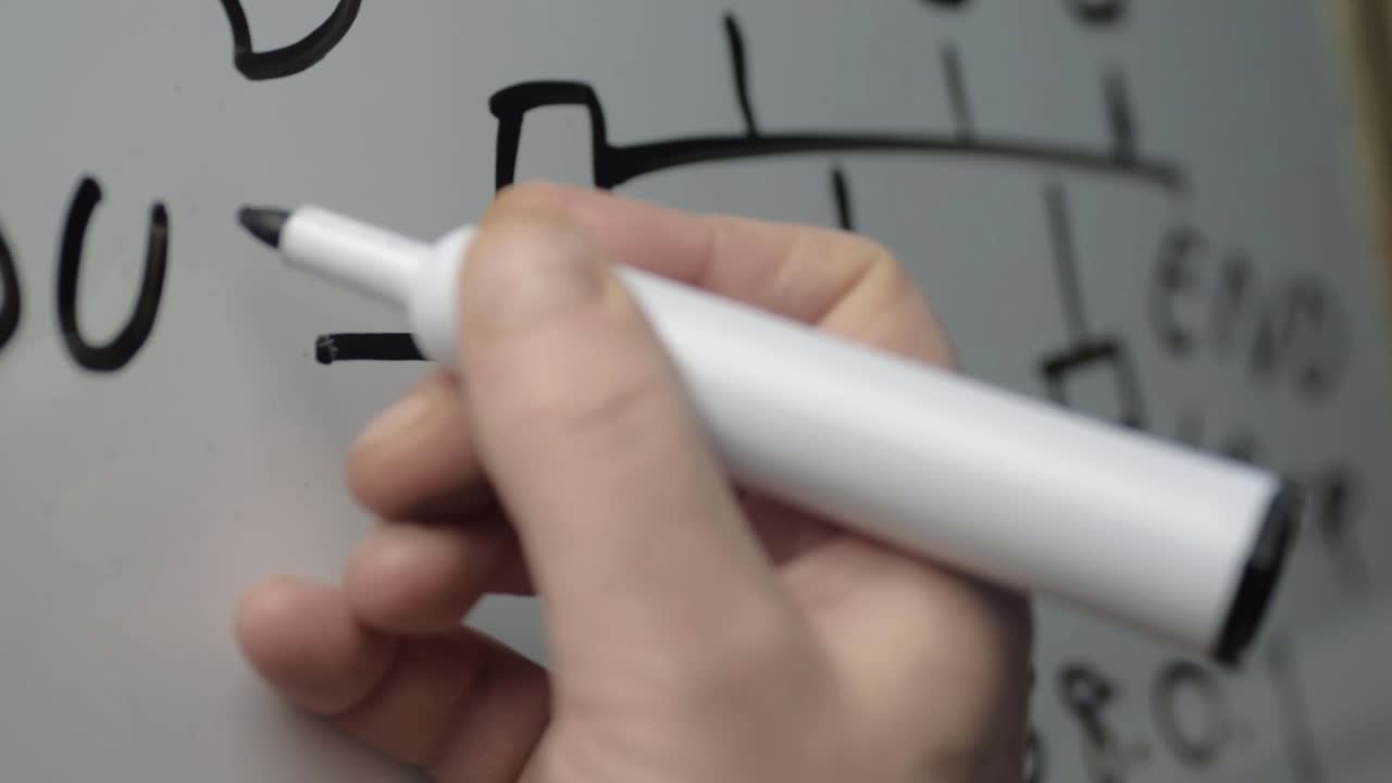 Hand designing computer cloud network on whiteboard panning close up shot