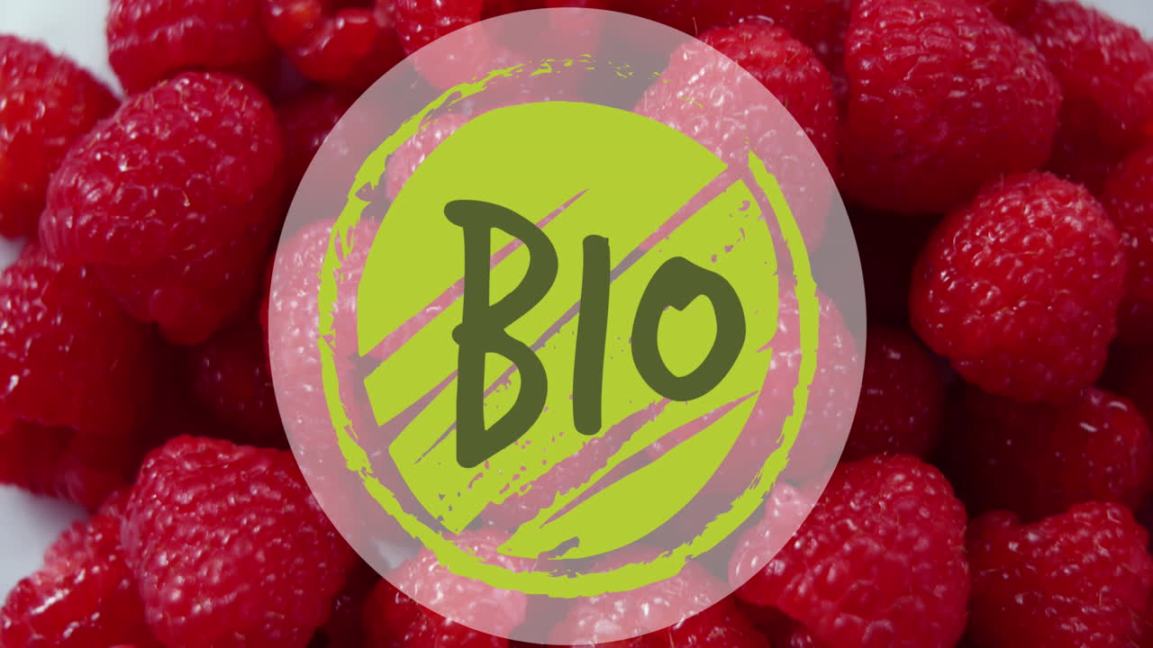 Animation of bio text banner against close up of red raspberries