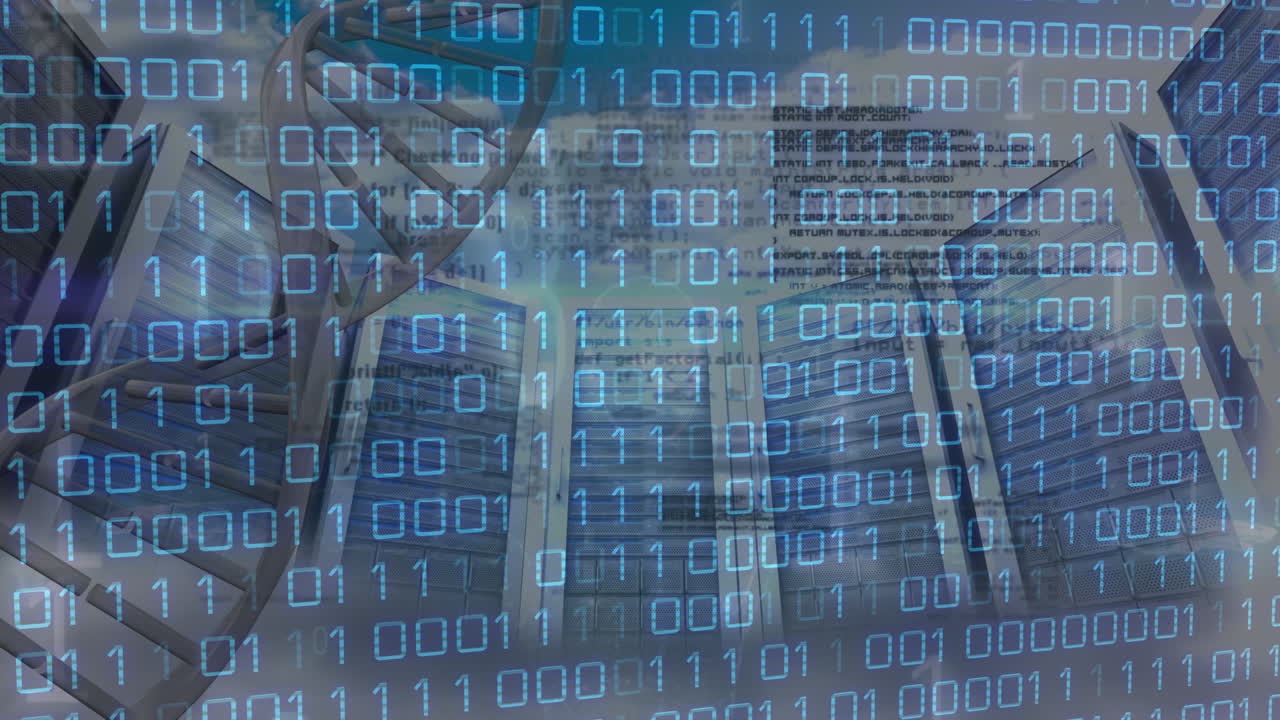 Animation of dna strand and data processing over server room