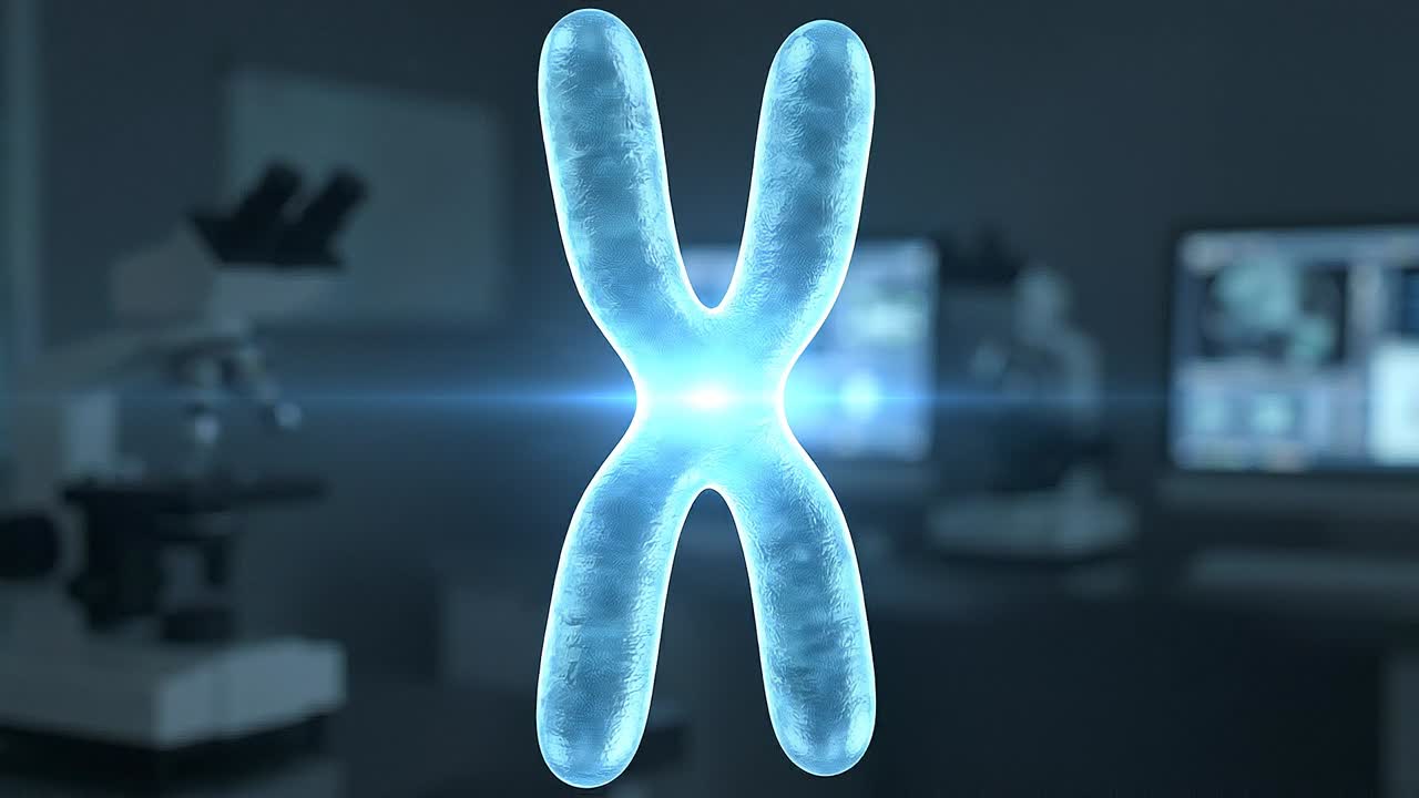Struttura cromosomica dettagliata in ambiente di laboratorio che mostra il materiale genetico e l'organizzazione del DNA all'interno delle cellule umane.